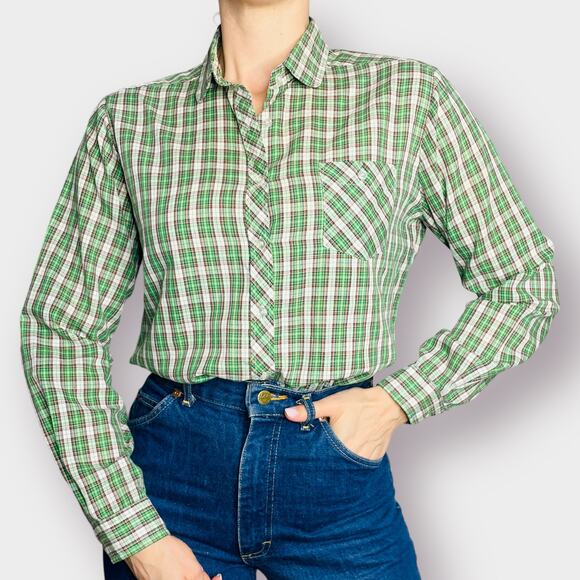 80s Society Green plaid long sleeve button front - Picture 2 of 5